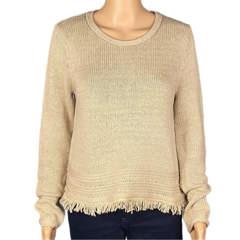 ARTISAN NY butter cream crew neck knit Sweater with fringe at the hem Small
